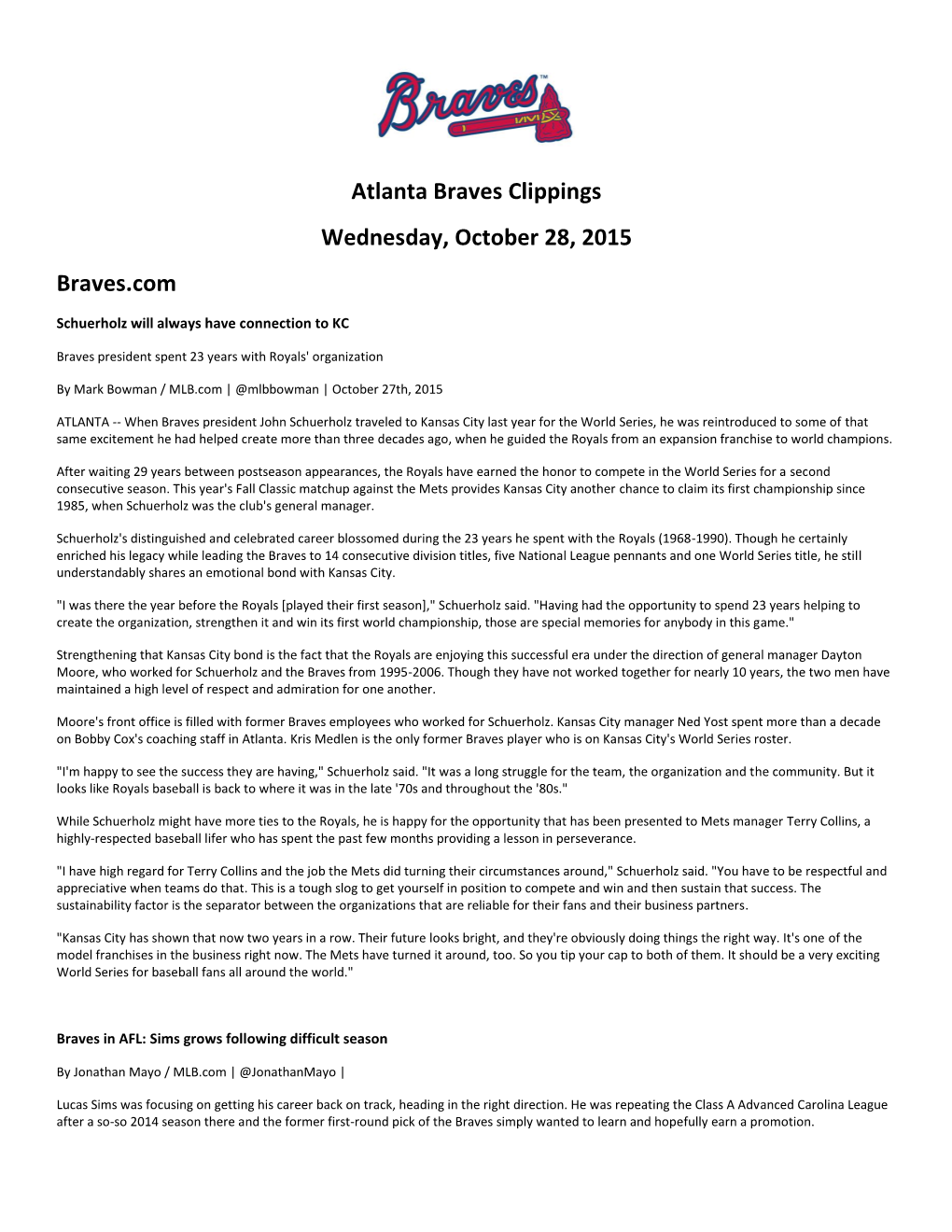 Atlanta Braves Clippings Wednesday, October 28, 2015 Braves.Com