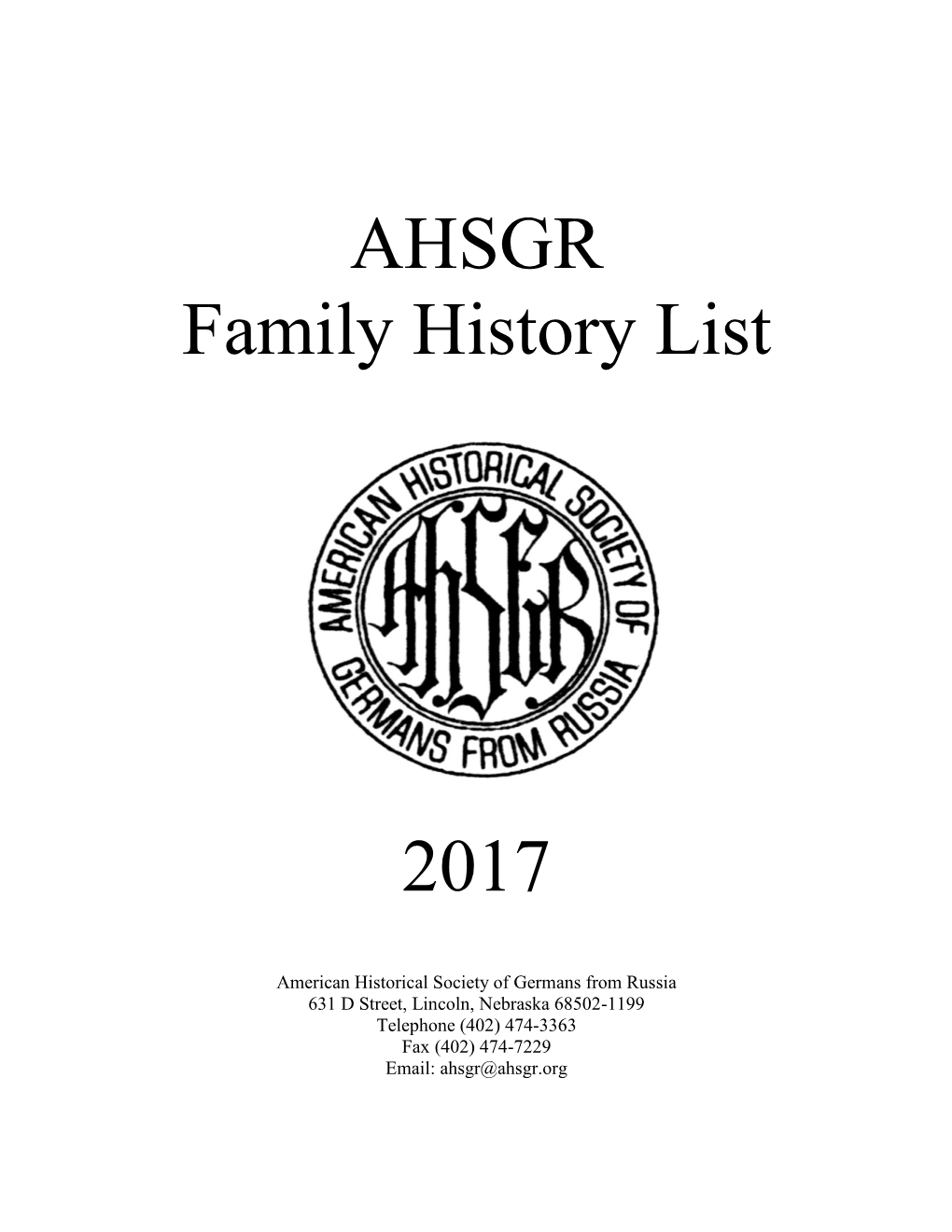 AHSGR Family History List 2017