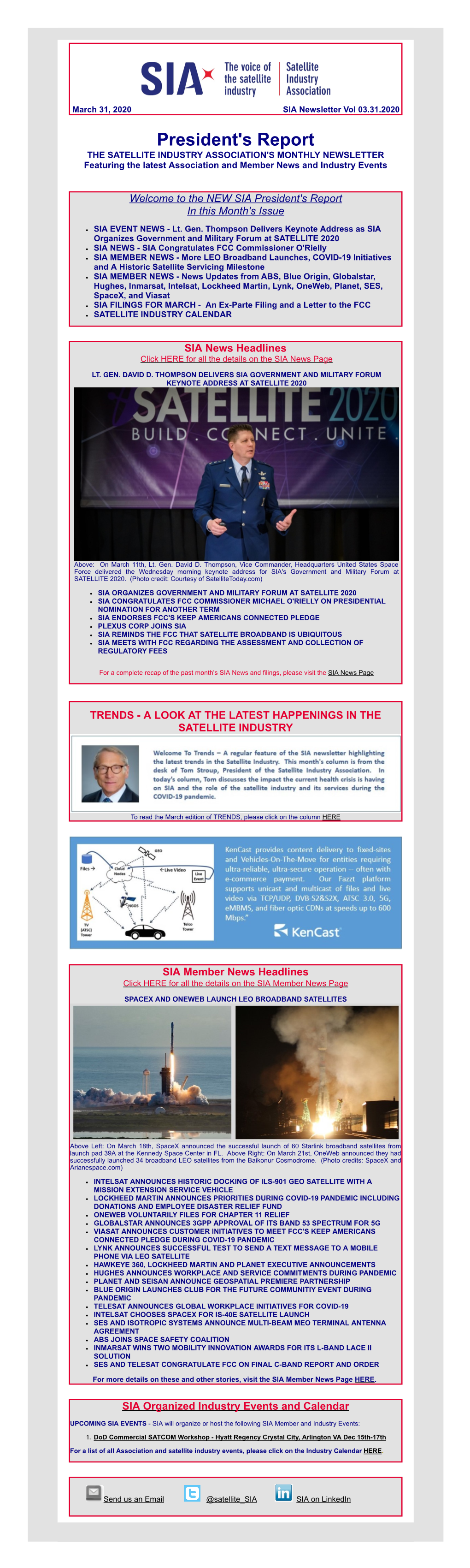 President's Report the SATELLITE INDUSTRY ASSOCIATION's MONTHLY NEWSLETTER Featuring the Latest Association and Member News and Industry Events