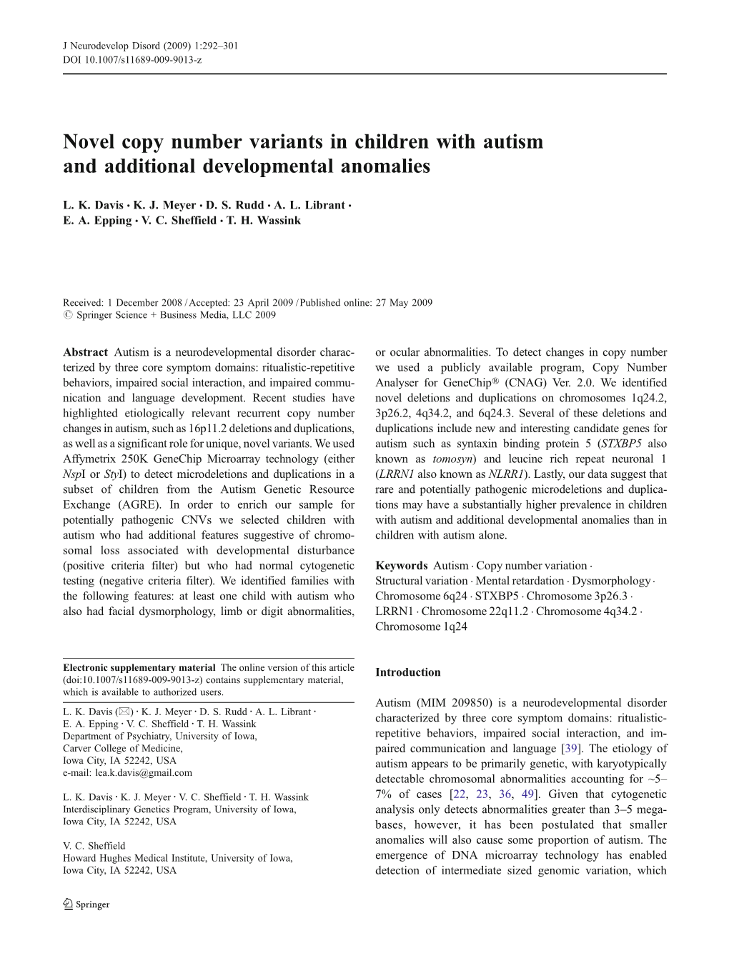 Novel Copy Number Variants in Children with Autism and Additional Developmental Anomalies
