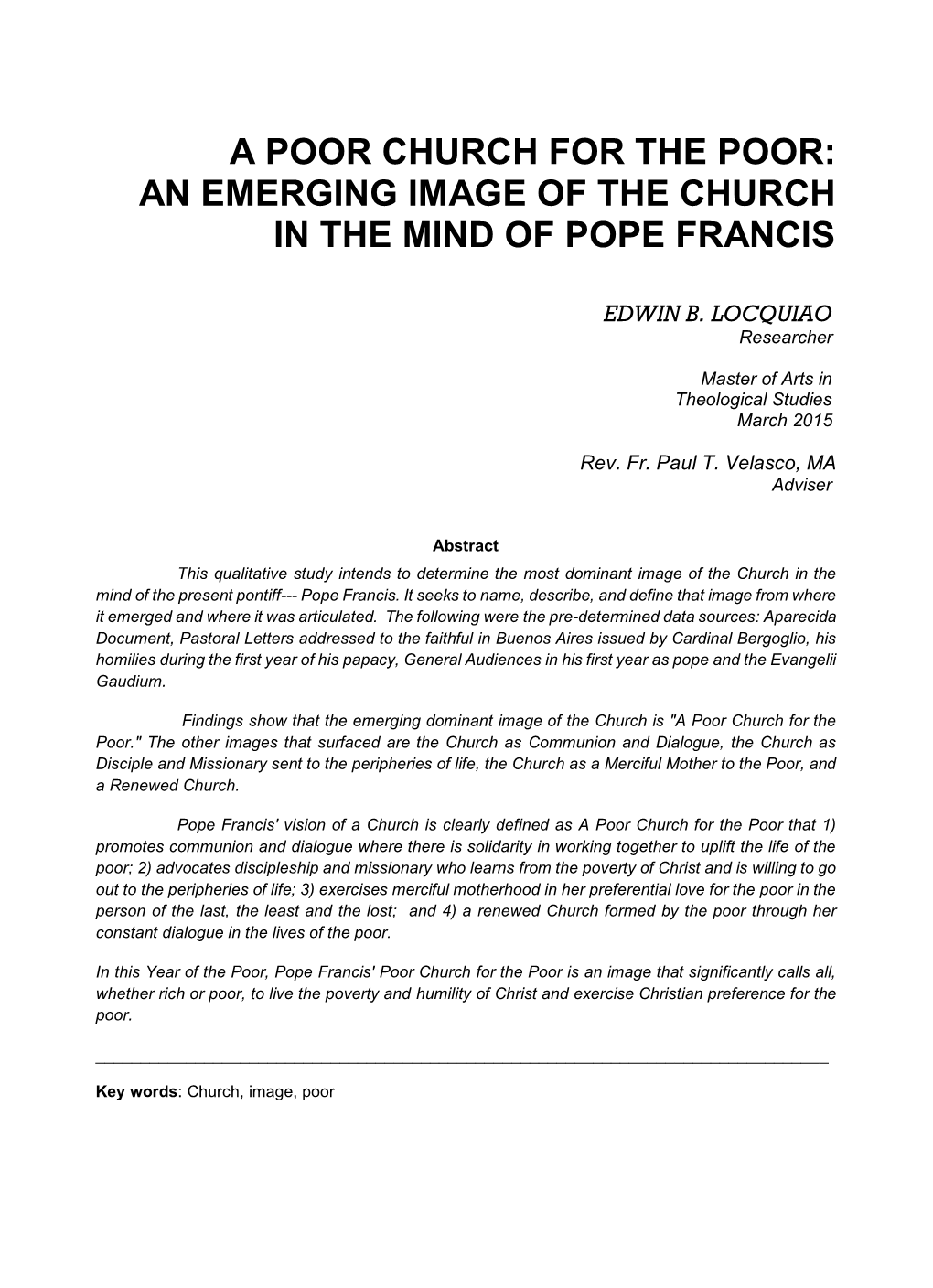 A Poor Church for the Poor: an Emerging Image of the Church in the Mind of Pope Francis