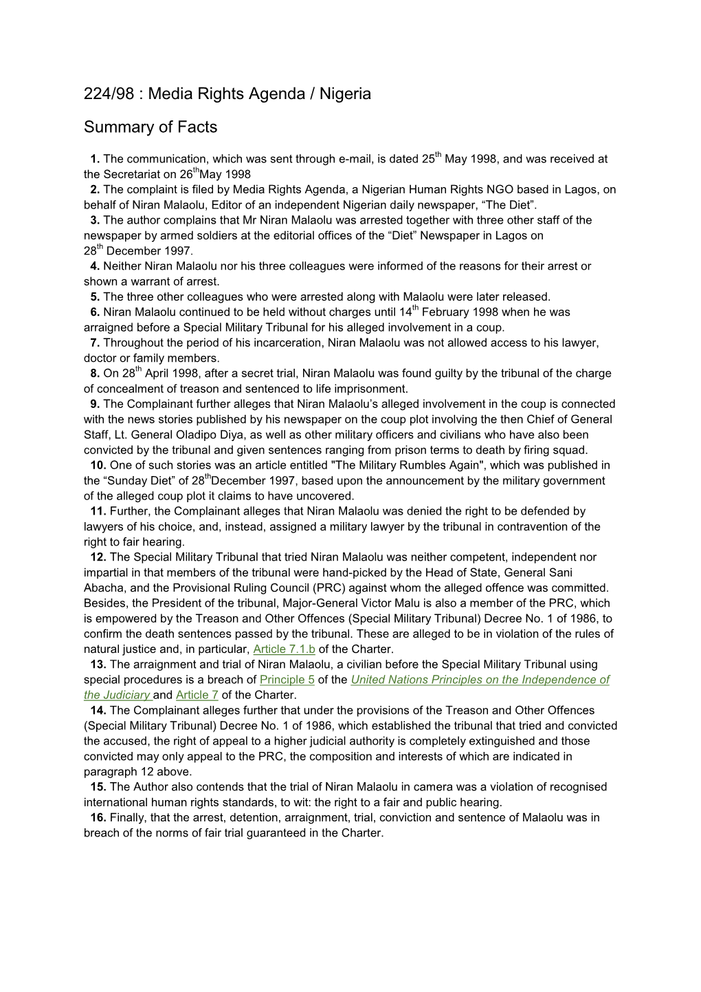 224/98 : Media Rights Agenda / Nigeria Summary of Facts