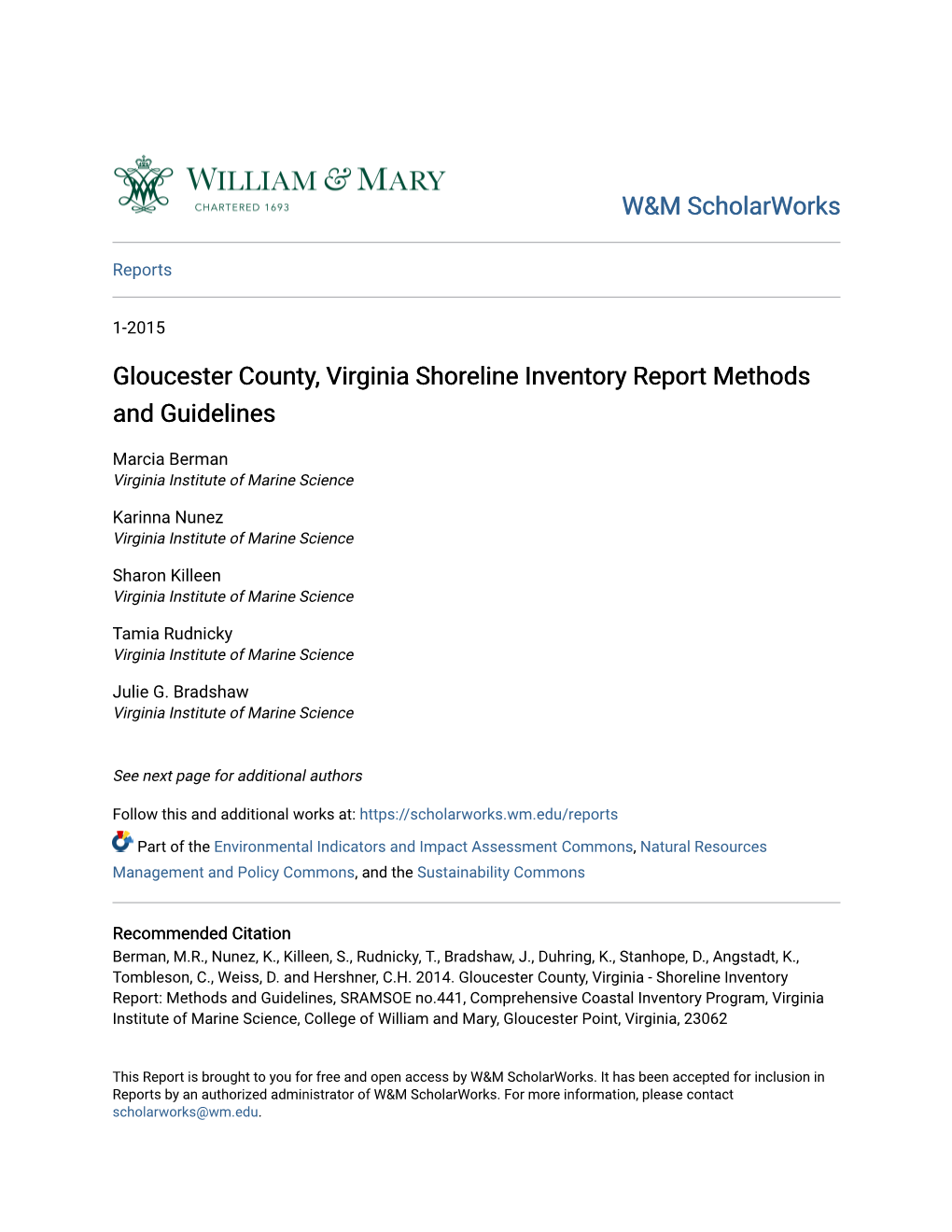 Gloucester County, Virginia Shoreline Inventory Report Methods and Guidelines