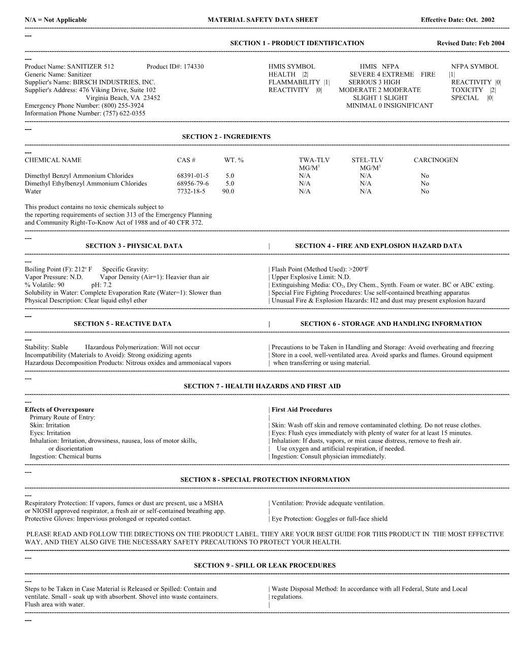 N/A = Not Applicable MATERIAL SAFETY DATA SHEET Effective Date: Oct. 2002