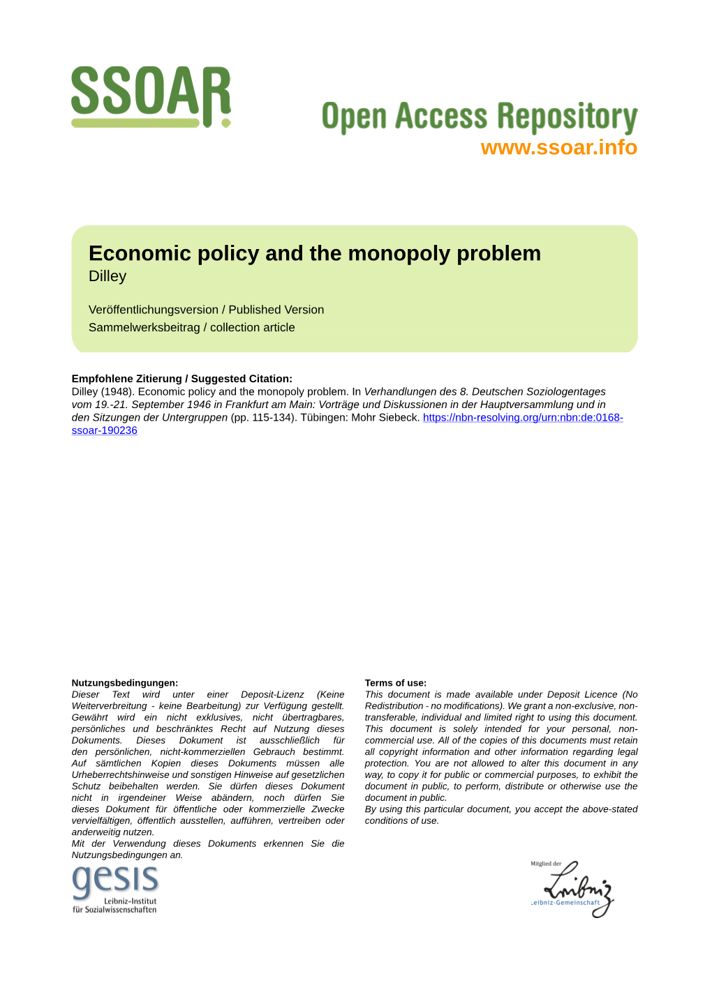 Economic Policy and the Monopoly Problem Dilley