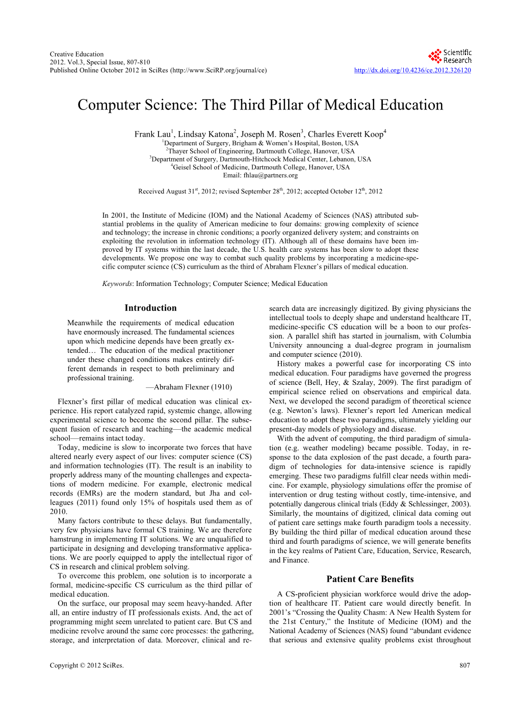 Computer Science: the Third Pillar of Medical Education