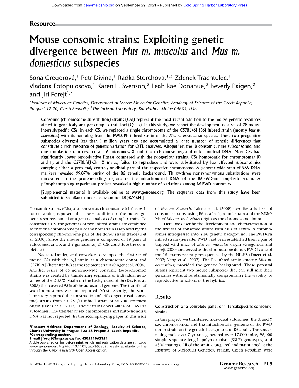 Mouse Consomic Strains: Exploiting Genetic Divergence Between Mus M