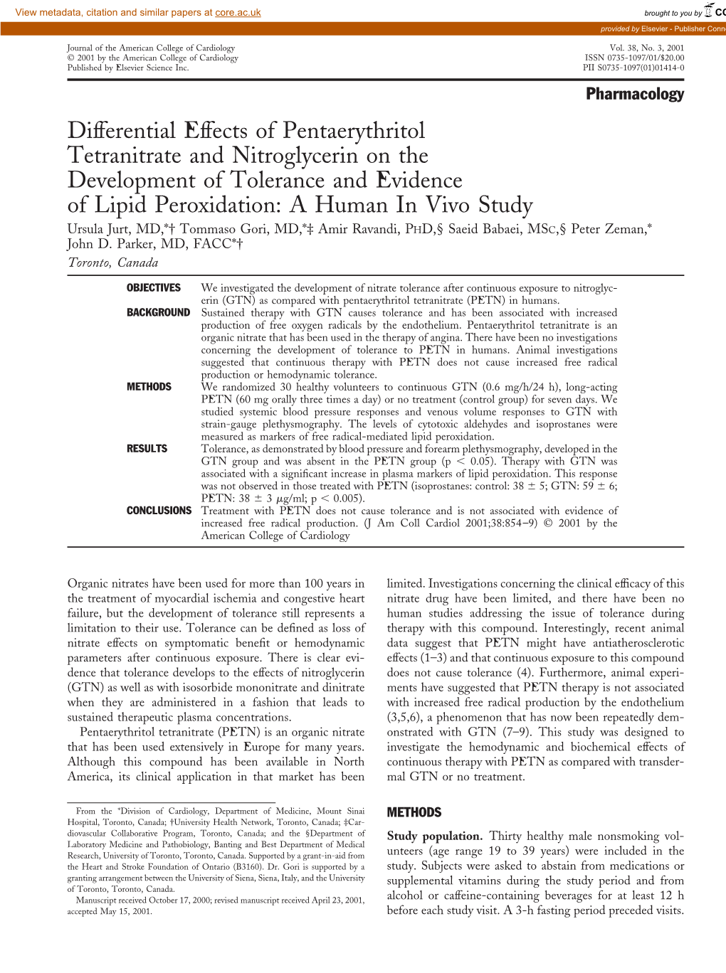 Differential Effects of Pentaerythritol Tetranitrate and Nitroglycerin on The