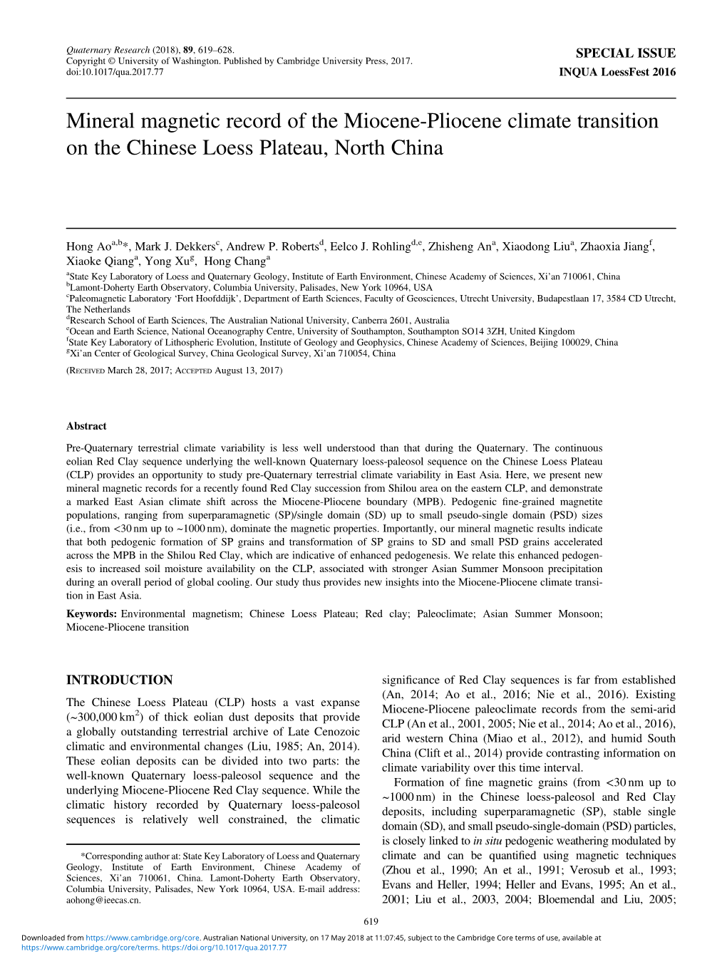 Mineral Magnetic Record of the Miocene-Pliocene Climate Transition on the Chinese Loess Plateau, North China