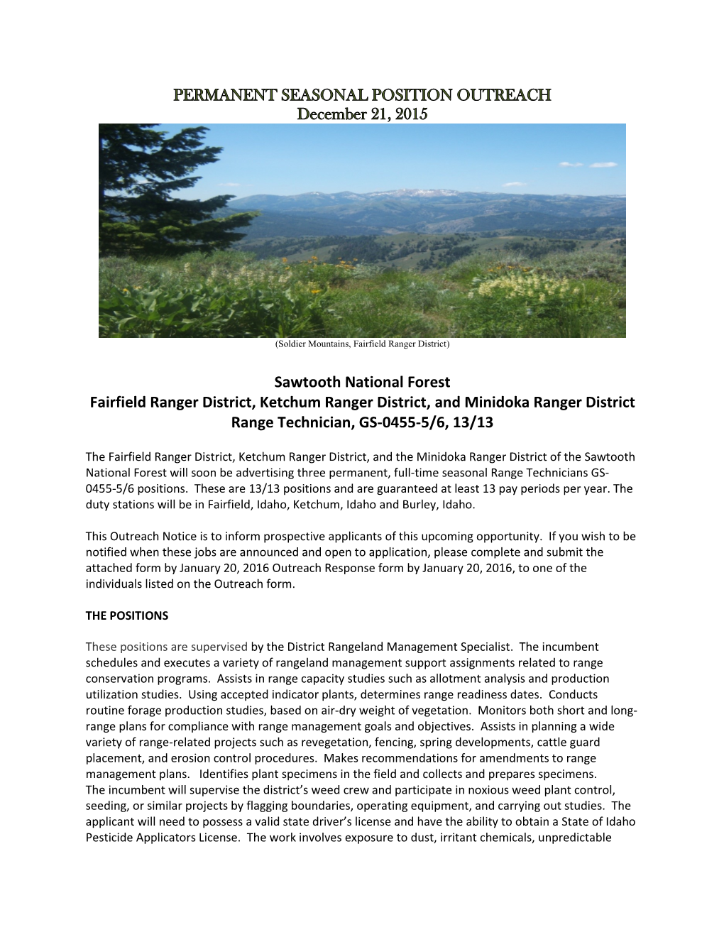 Sawtooth National Forest Fairfield Ranger District, Ketchum Ranger District, and Minidoka Ranger District Range Technician, GS-0455-5/6, 13/13