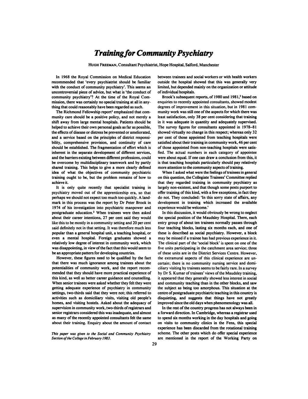 Training/Or Community Psychiatry