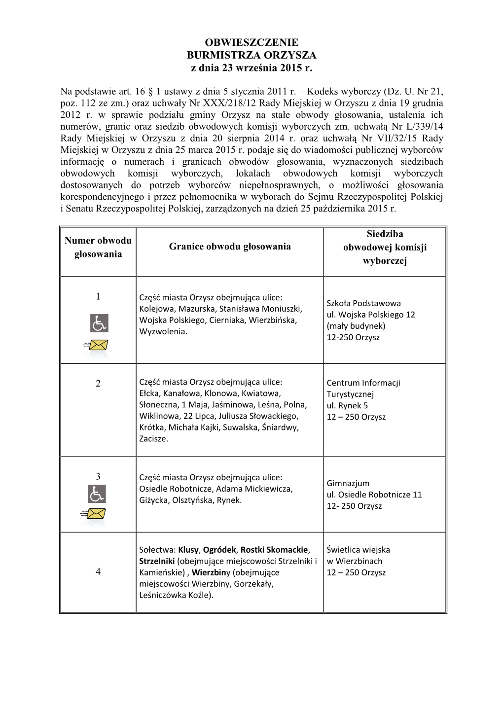 OBWIESZCZENIE BURMISTRZA ORZYSZA Z Dnia 23 Września 2015 R