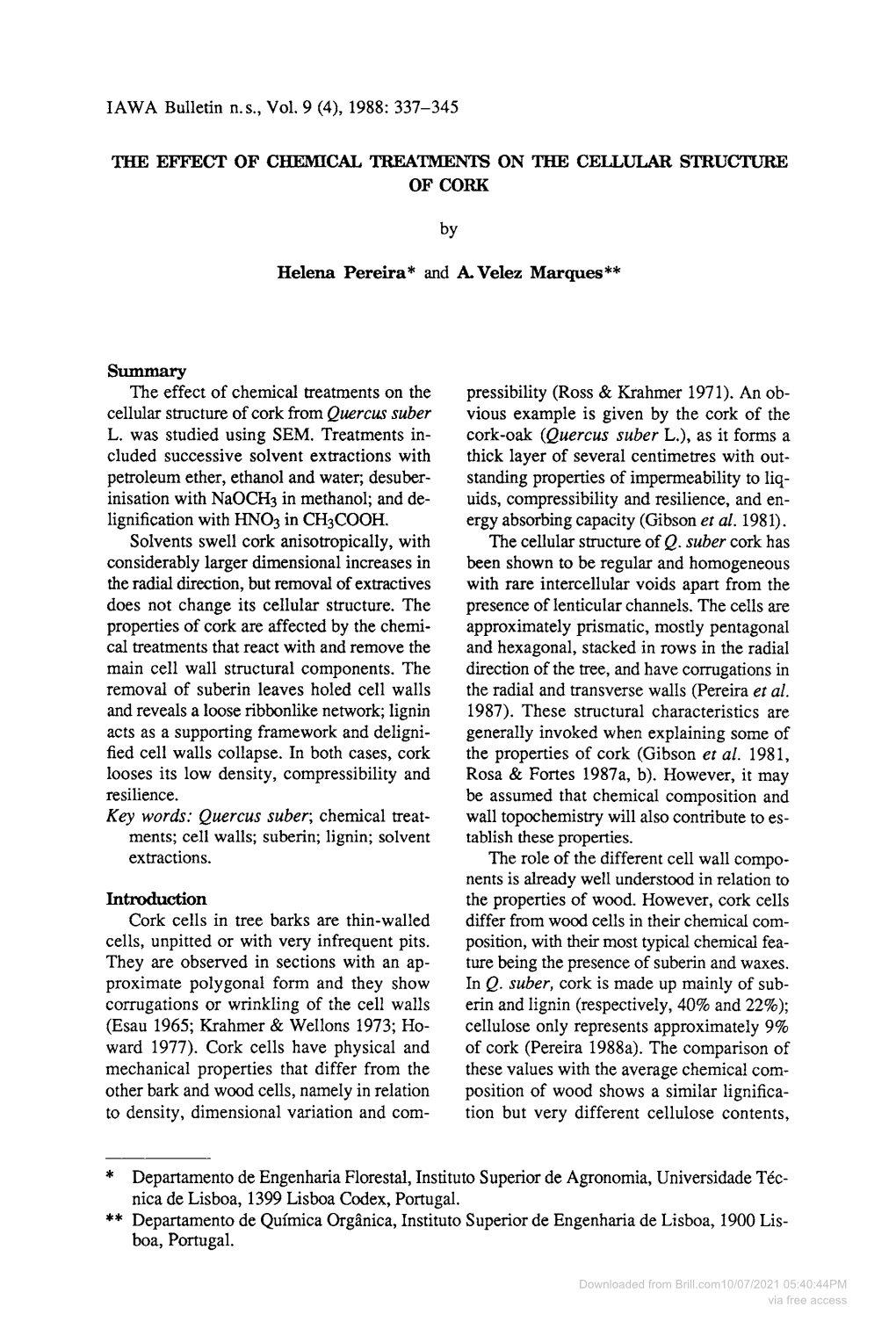 THE EFFECT of CHEMICAL TREATMENTS on the CELLULAR STRUCTURE of CORK Key Words