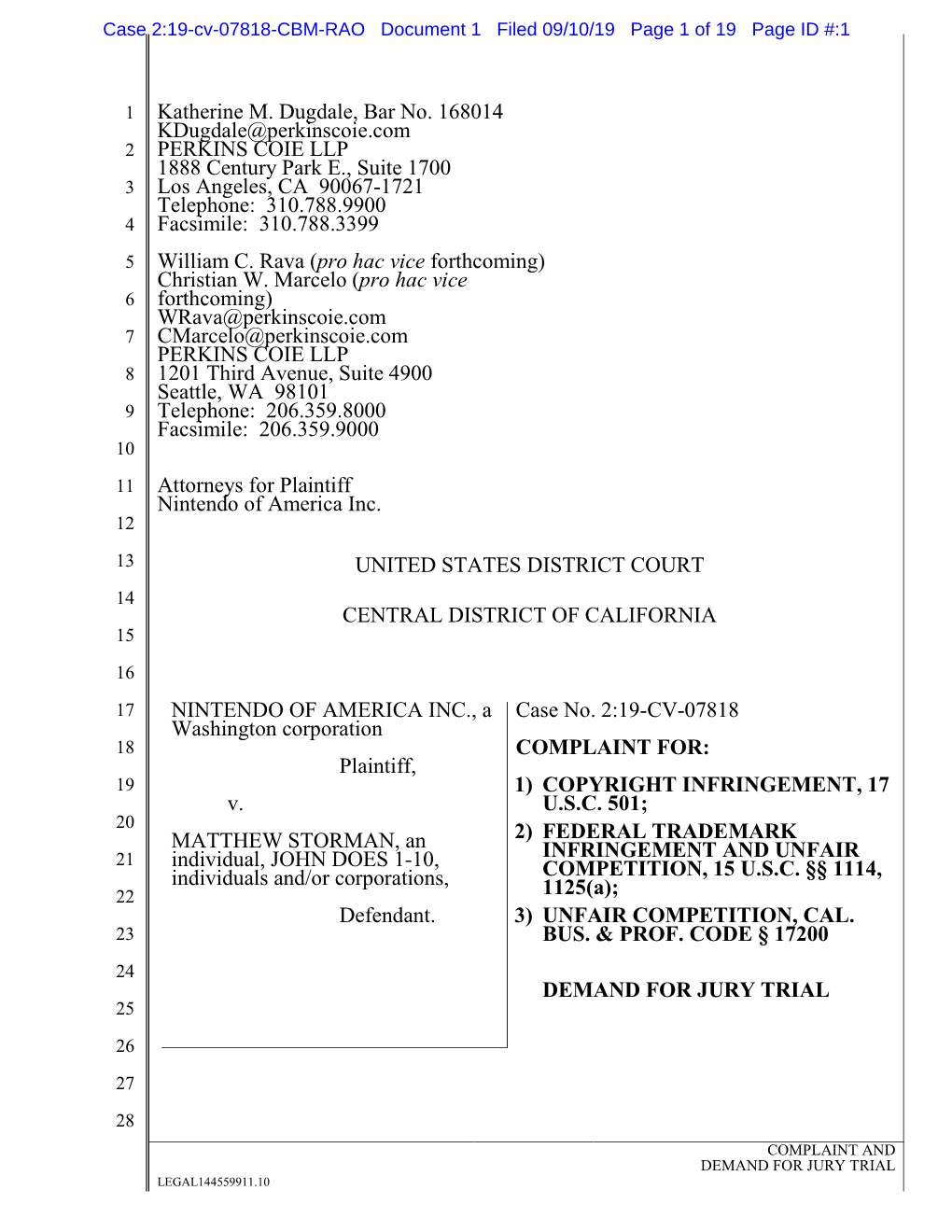 Katherine M. Dugdale, Bar No. 168014 Kdugdale@Perkinscoie.Com PERKINS COIE LLP 1888 Century Park E., Suite 1700 Los Angeles, CA