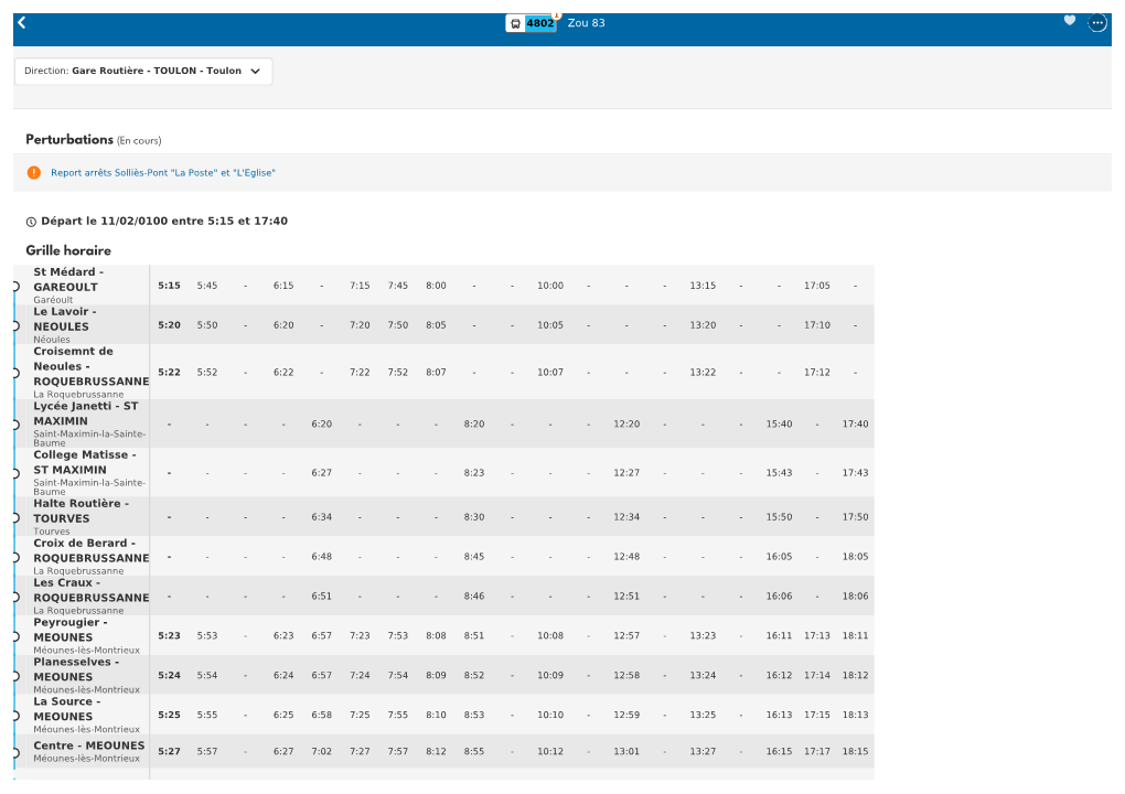 Zou 83 4802 Départ Le 11/02/0100 Entre 8:20 Et 17:40 St Médard