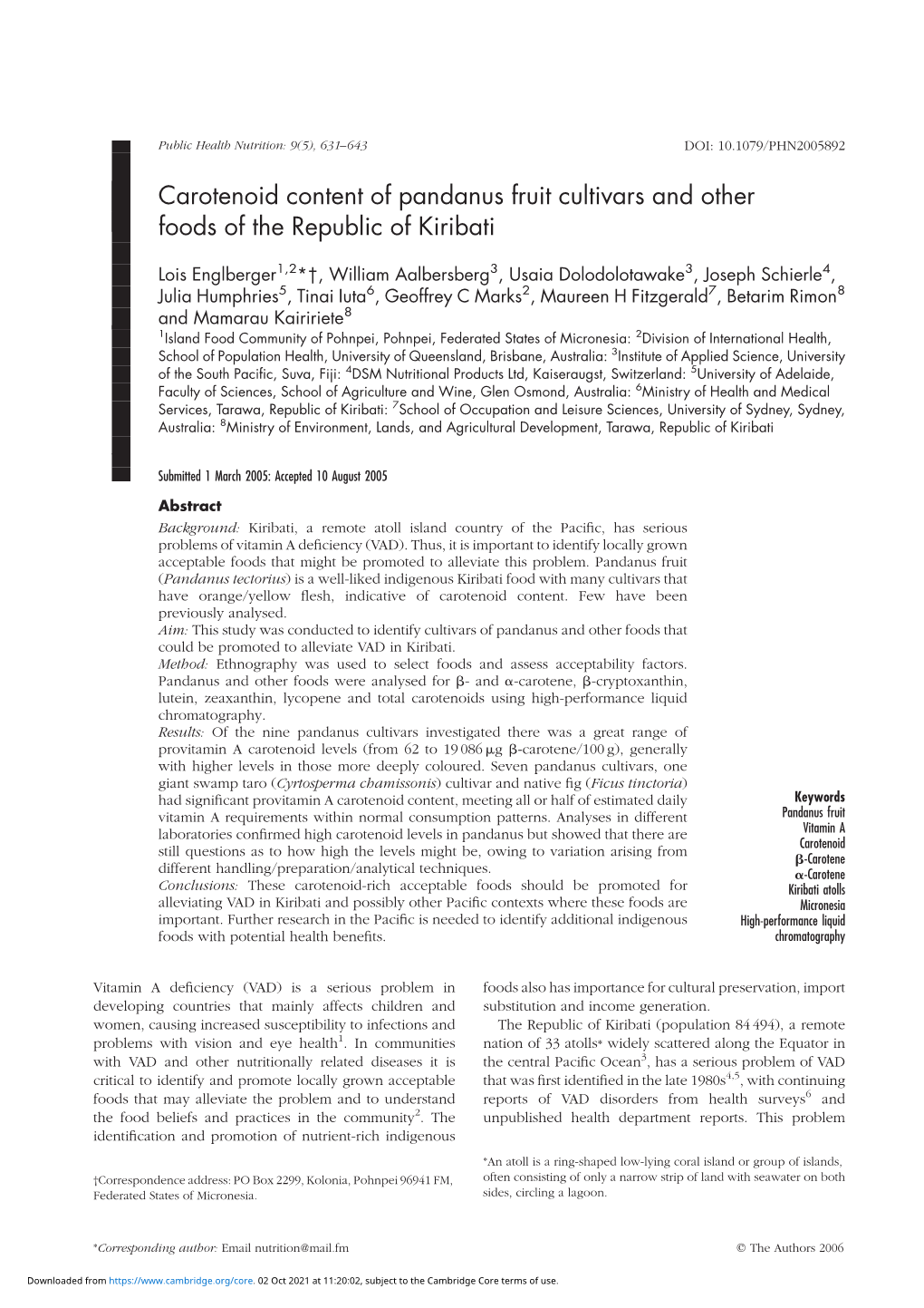 Carotenoid Content of Pandanus Fruit Cultivars and Other Foods of the Republic of Kiribati