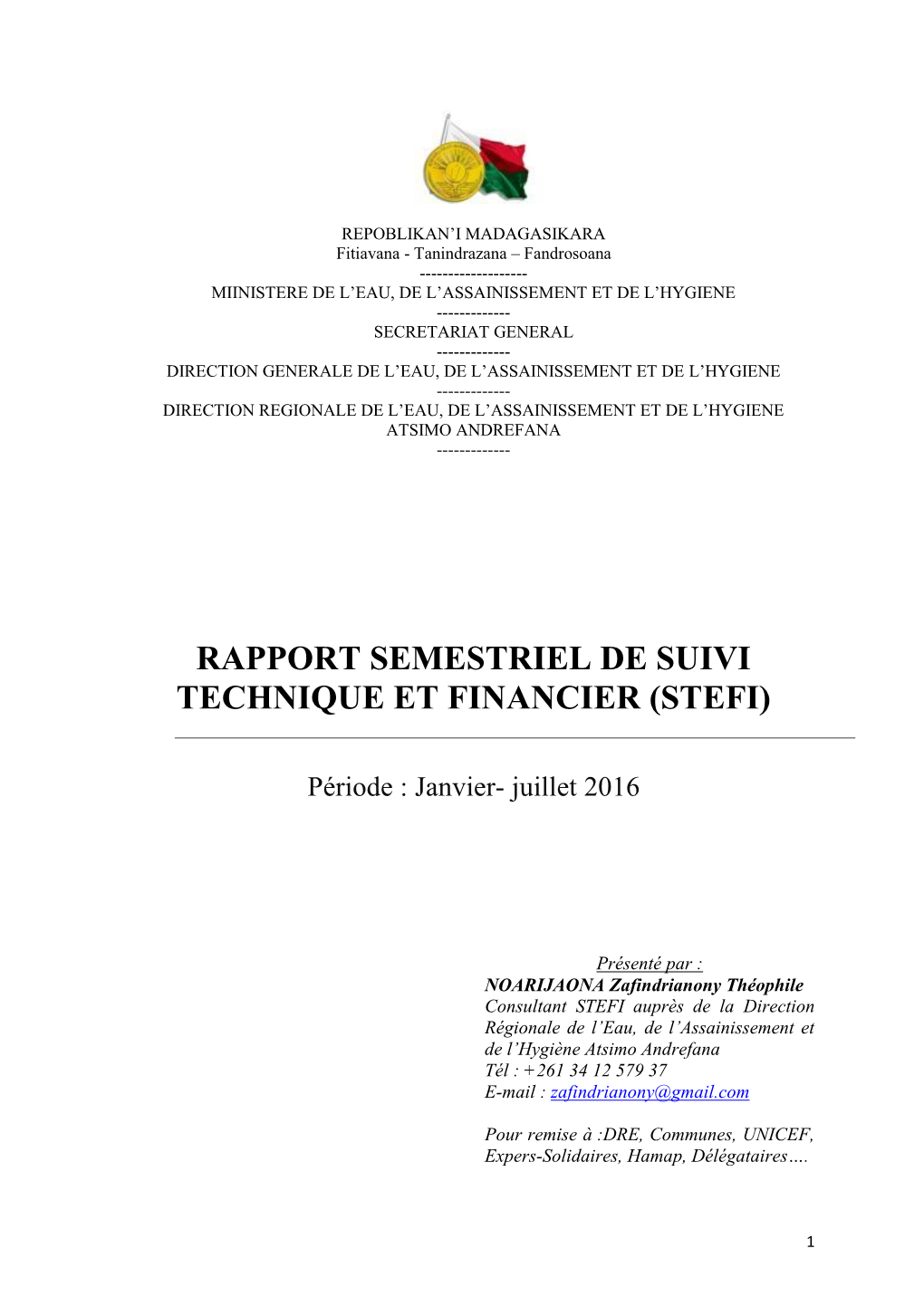 Rapport Semestriel De Suivi Technique Et Financier (Stefi)