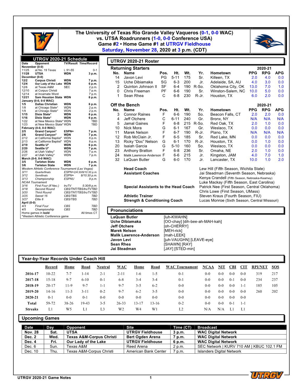 The University of Texas Rio Grande Valley Vaqueros (0-1, 0-0 WAC) Vs