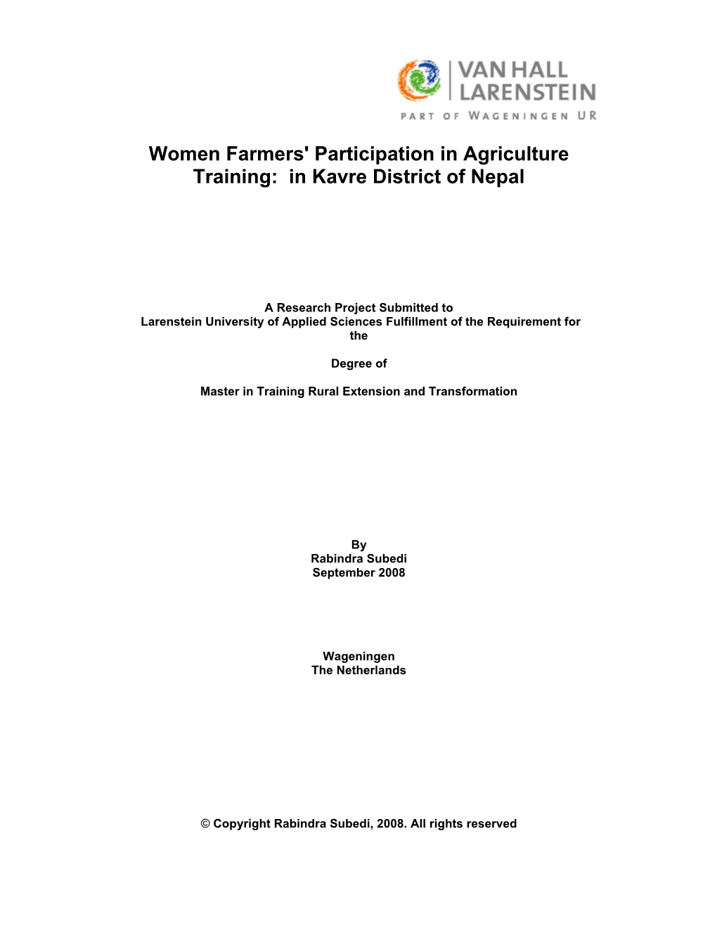 Women Farmers' Participation in Agriculture Training: in Kavre District of Nepal