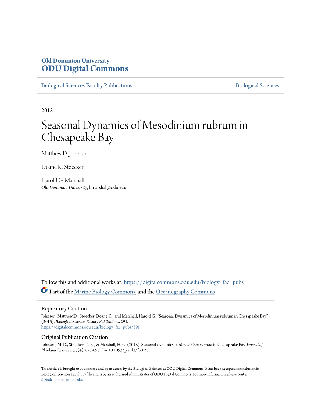 Seasonal Dynamics of Mesodinium Rubrum in Chesapeake Bay Matthew .D Johnson