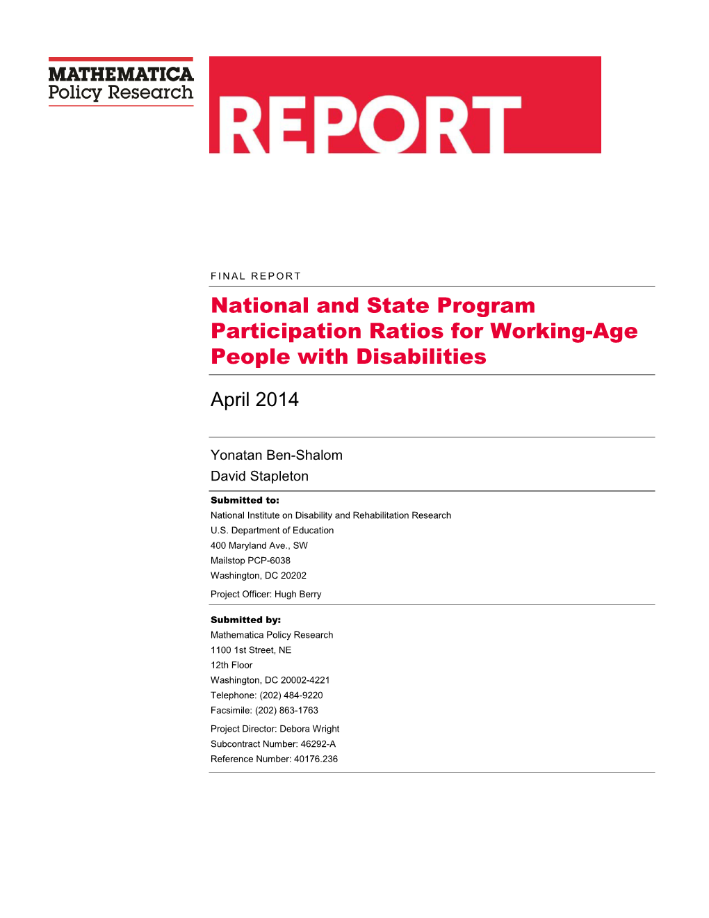 National and State Program Participation Ratios for Working-Age People with Disabilities