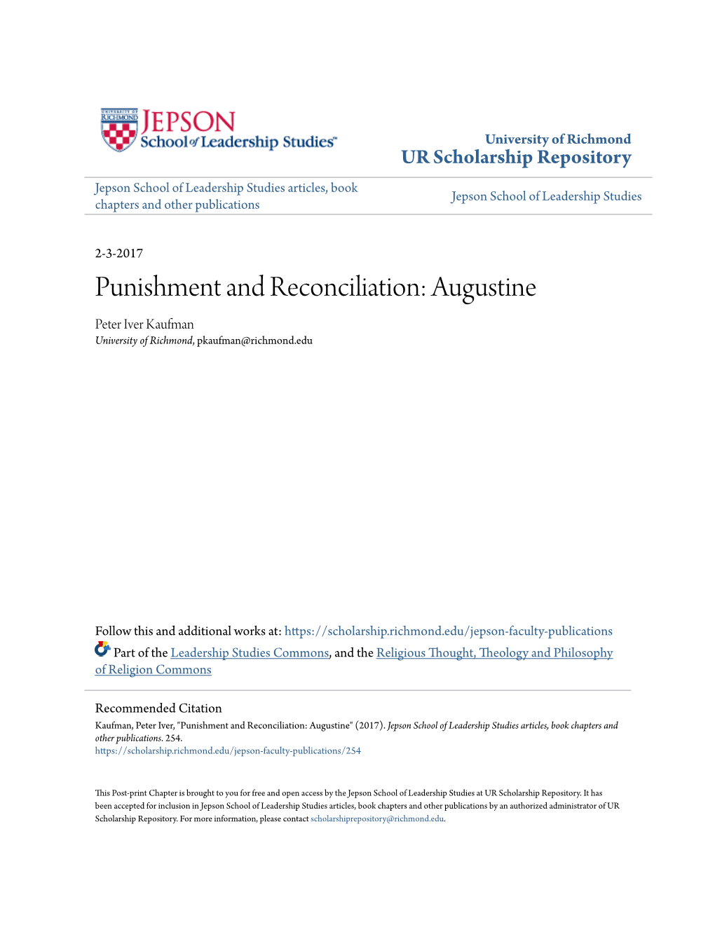 Punishment and Reconciliation: Augustine Peter Iver Kaufman University of Richmond, Pkaufman@Richmond.Edu