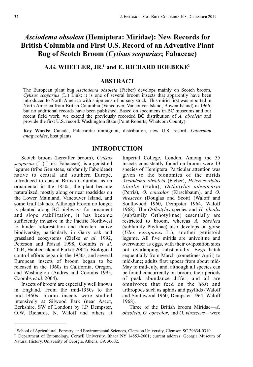 Asciodema Obsoleta (Hemiptera: Miridae): New Records for British Columbia and First U.S