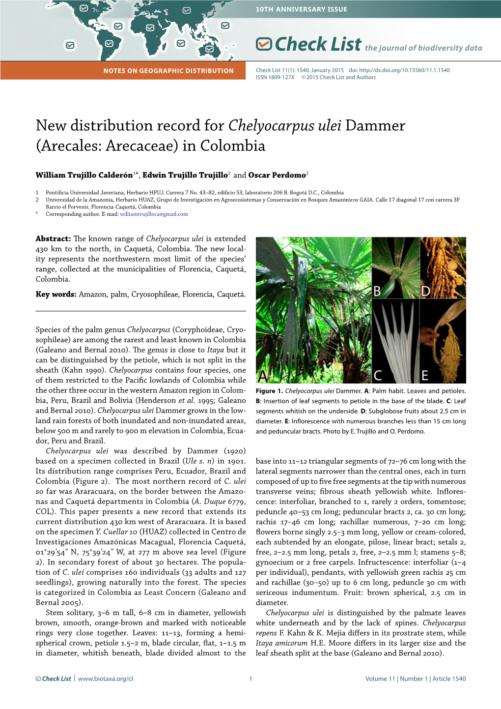 New Distribution Record for Chelyocarpus Ulei Dammer (Arecales: Arecaceae) in Colombia