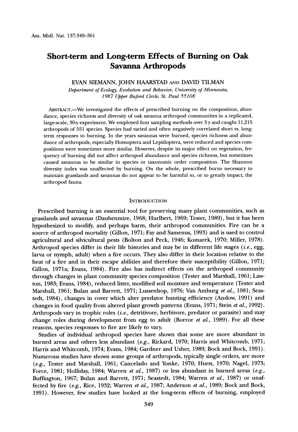 Short-Term and Long-Term Effects of Burning on Oak Savanna Arthropods