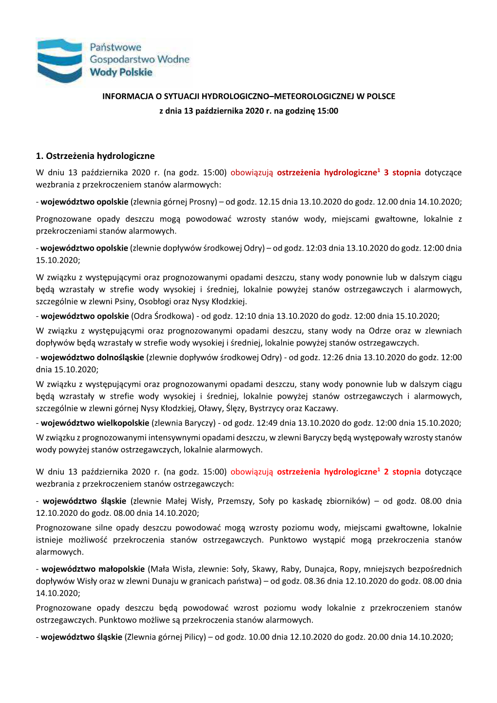 1. Ostrzeżenia Hydrologiczne W Dniu 13 Października 2020 R