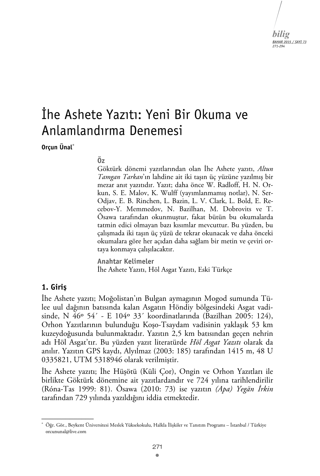 İhe Ashete Yazıtı: Yeni Bir Okuma Ve Anlamlandırma Denemesi