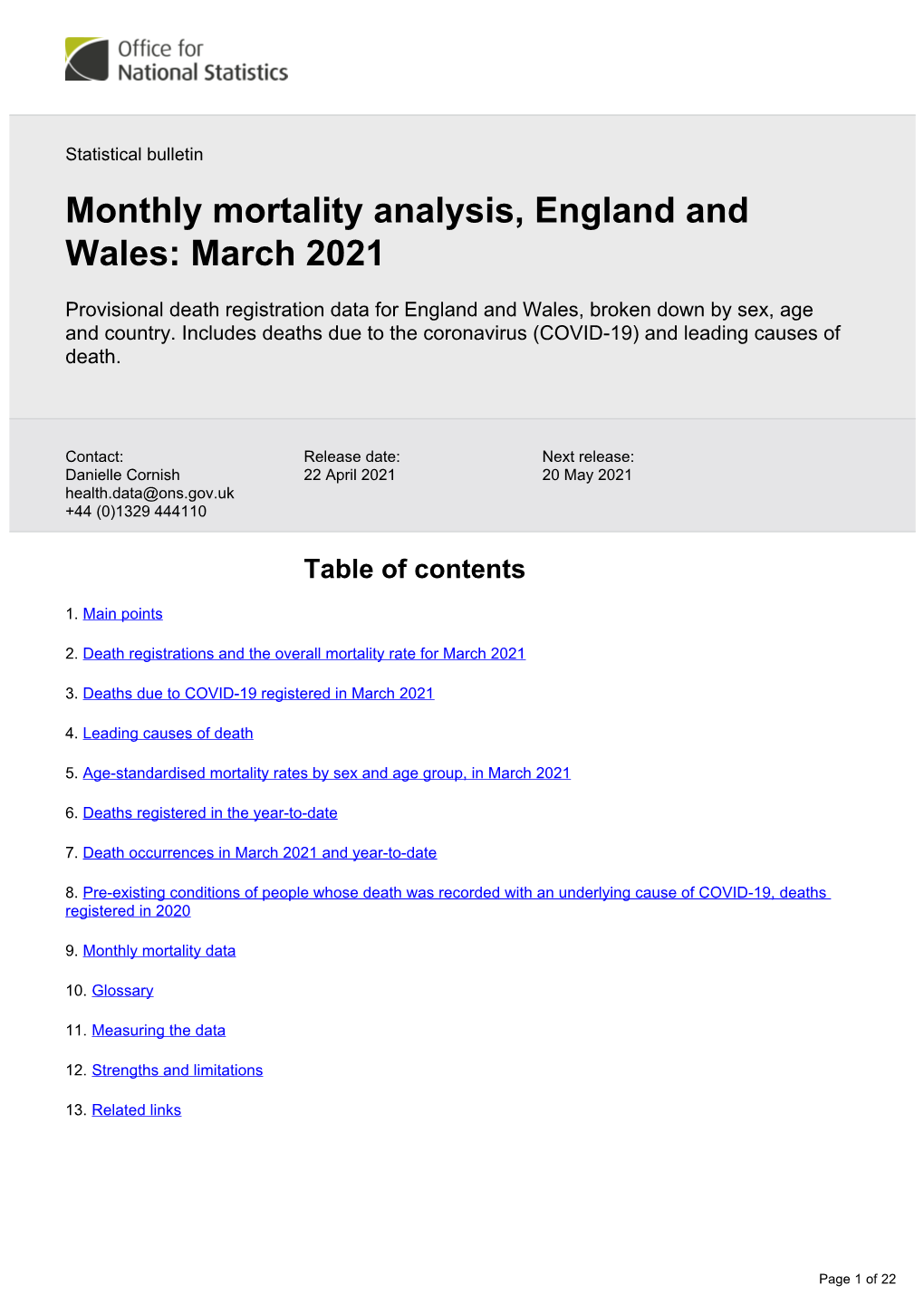 Monthly Mortality Analysis, England and Wales: March 2021