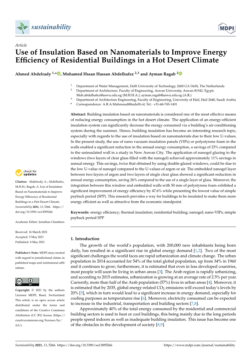 Use of Insulation Based on Nanomaterials to Improve Energy Efﬁciency of Residential Buildings in a Hot Desert Climate