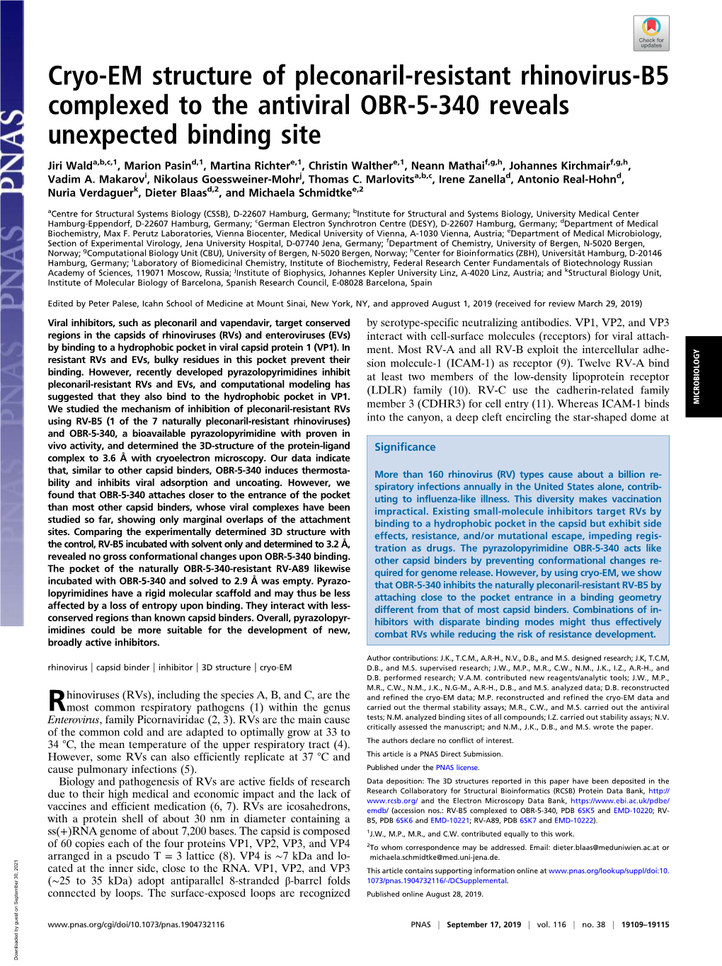 Cryo-EM Structure of Pleconaril-Resistant Rhinovirus-B5 Complexed to the Antiviral OBR-5-340 Reveals Unexpected Binding Site