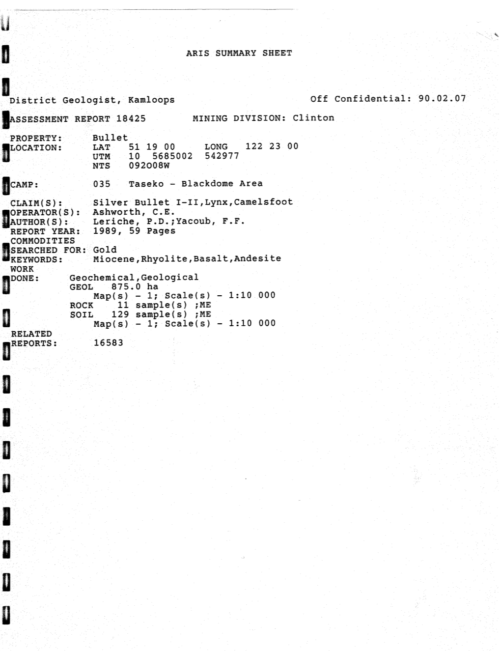 ARIS SUMMARY SHEET District Geologist, Kamloops Off Confidential