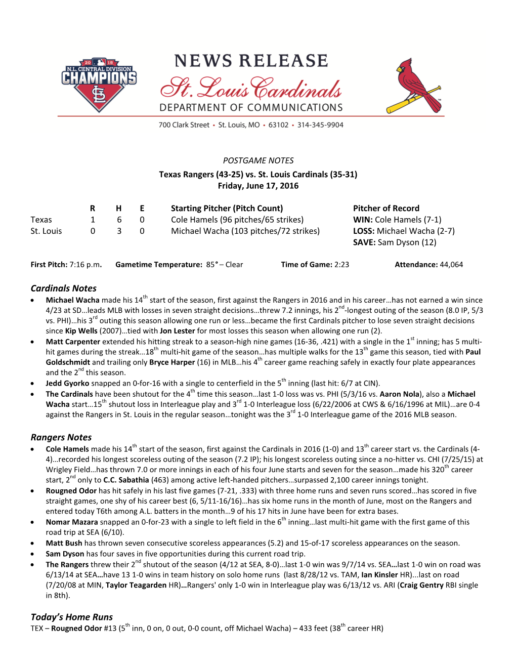 Cardinals Notes Rangers Notes Today's Home Runs