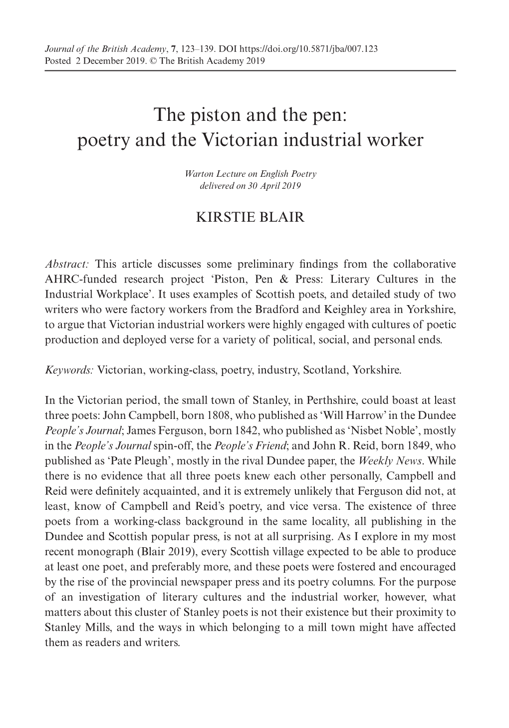 The Piston and the Pen: Poetry and the Victorian Industrial Worker