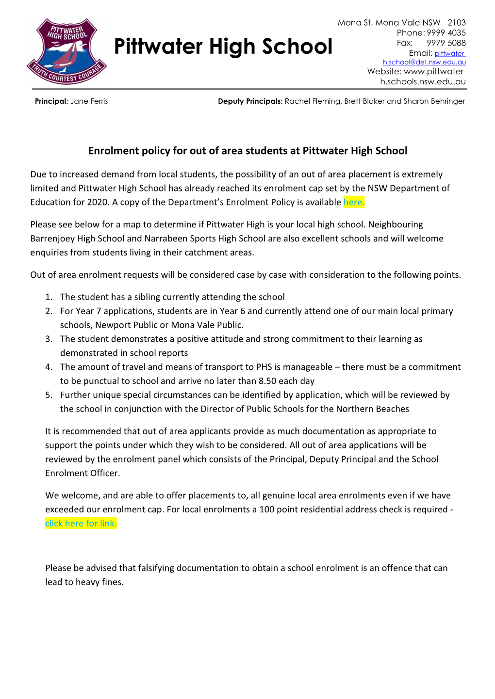 Pittwater High School Enrolment Policy on This Page