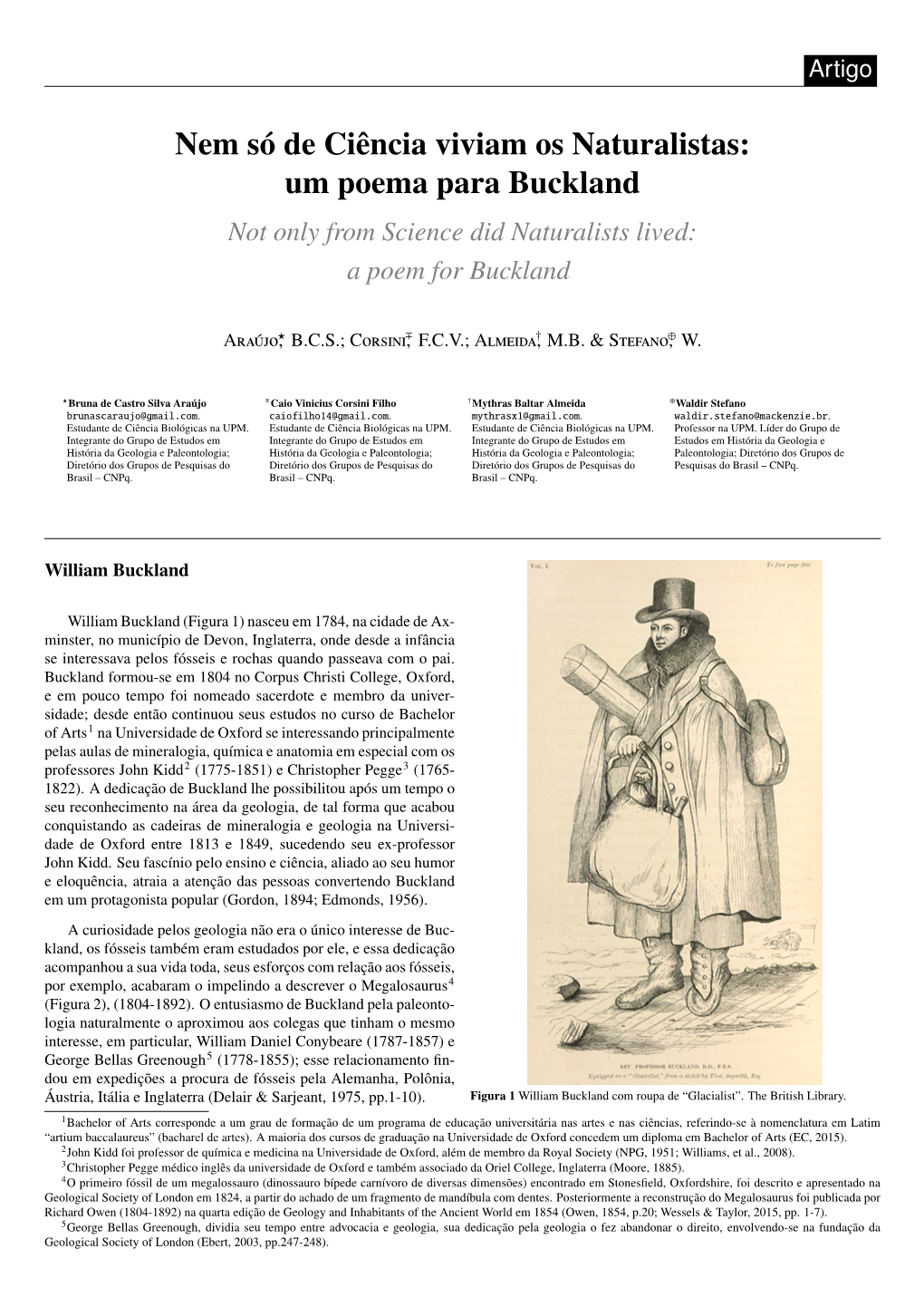 Nem Só De Ciência Viviam Os Naturalistas: Um Poema Para Buckland Not Only from Science Did Naturalists Lived: a Poem for Buckland