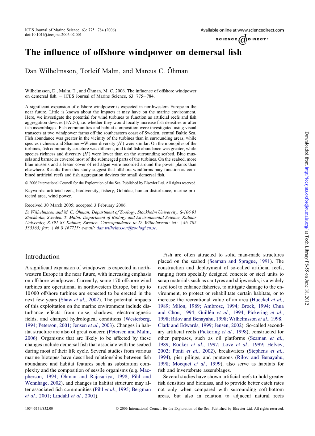 The Influence of Offshore Windpower on Demersal Fish