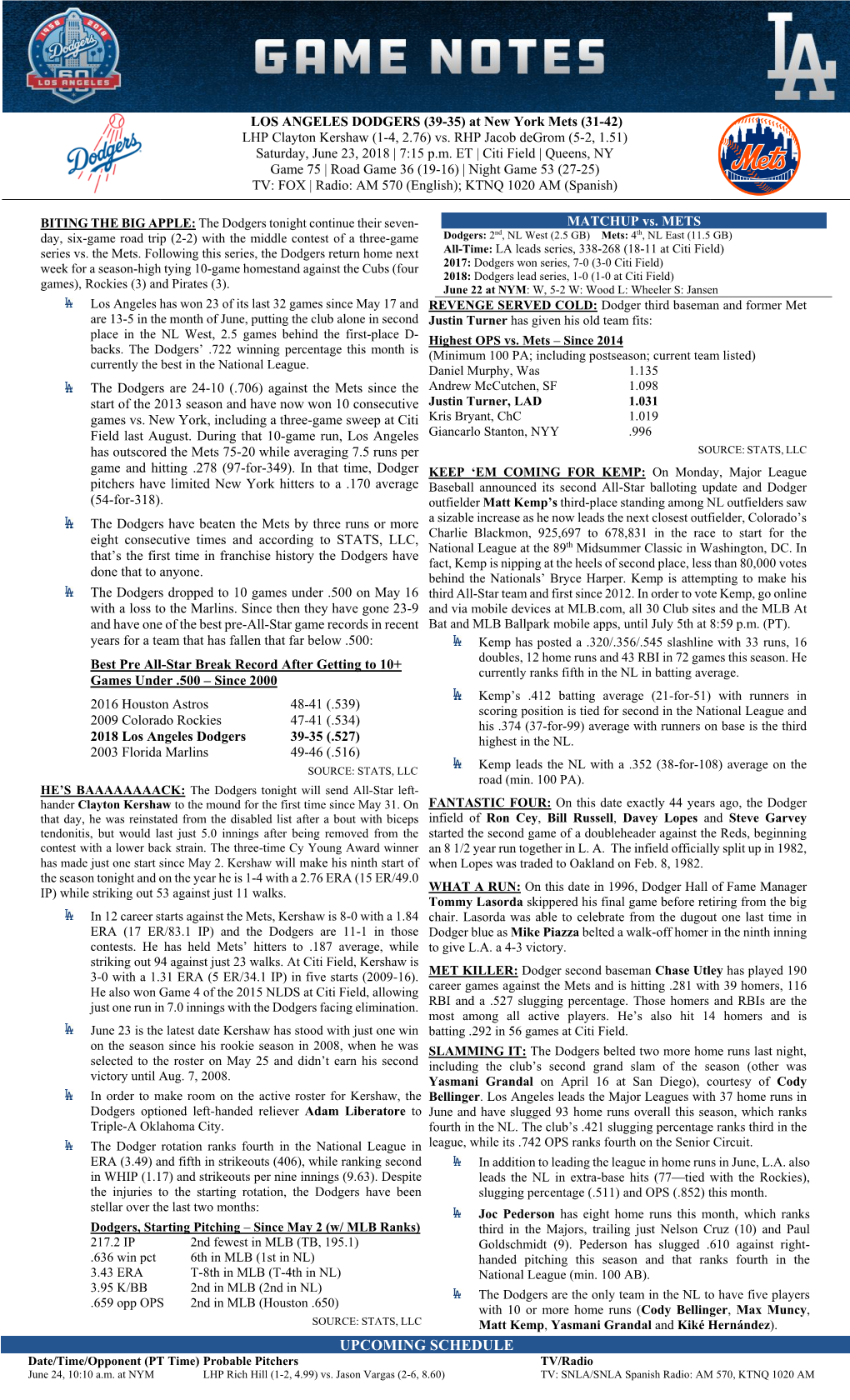 LOS ANGELES DODGERS (39-35) at New York Mets (31-42) LHP Clayton Kershaw (1-4, 2.76) Vs