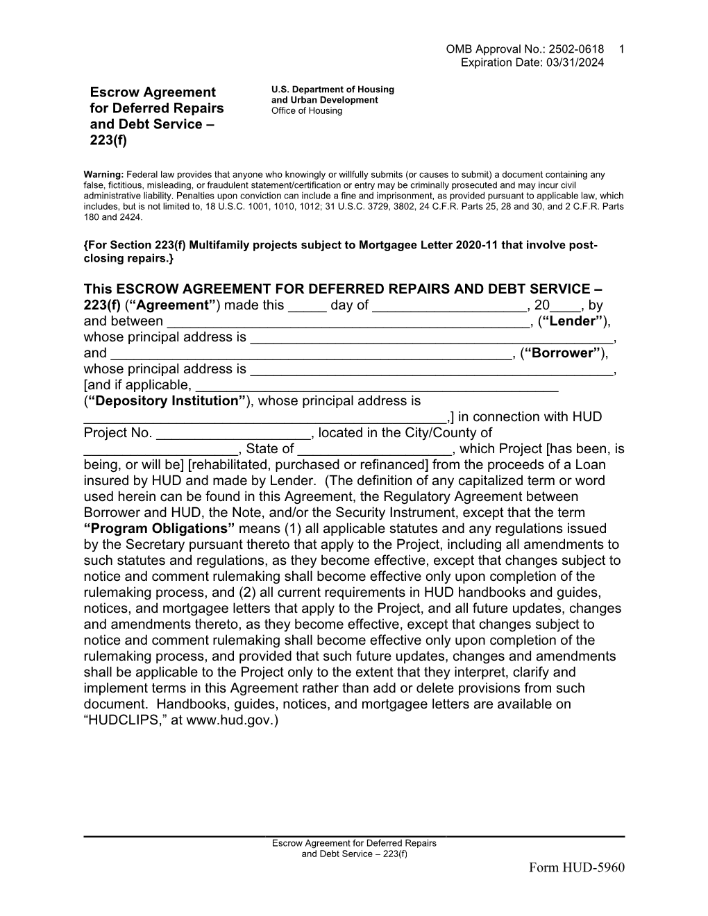 Form HUD-5960 Escrow Agreement for Deferred Repairs and Debt