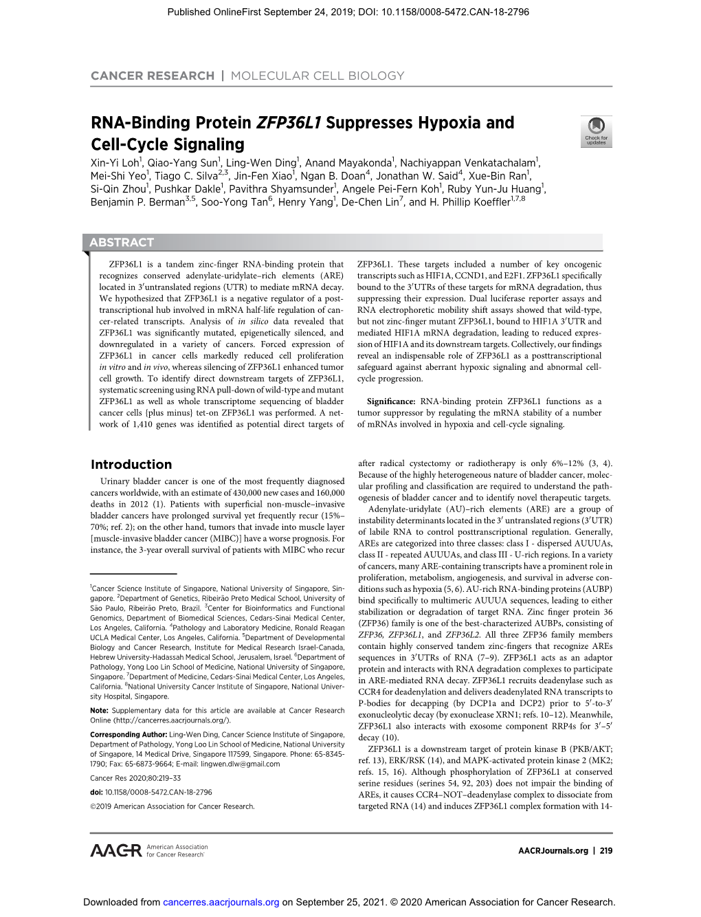 RNA-Binding Protein ZFP36L1 Suppresses Hypoxia and Cell