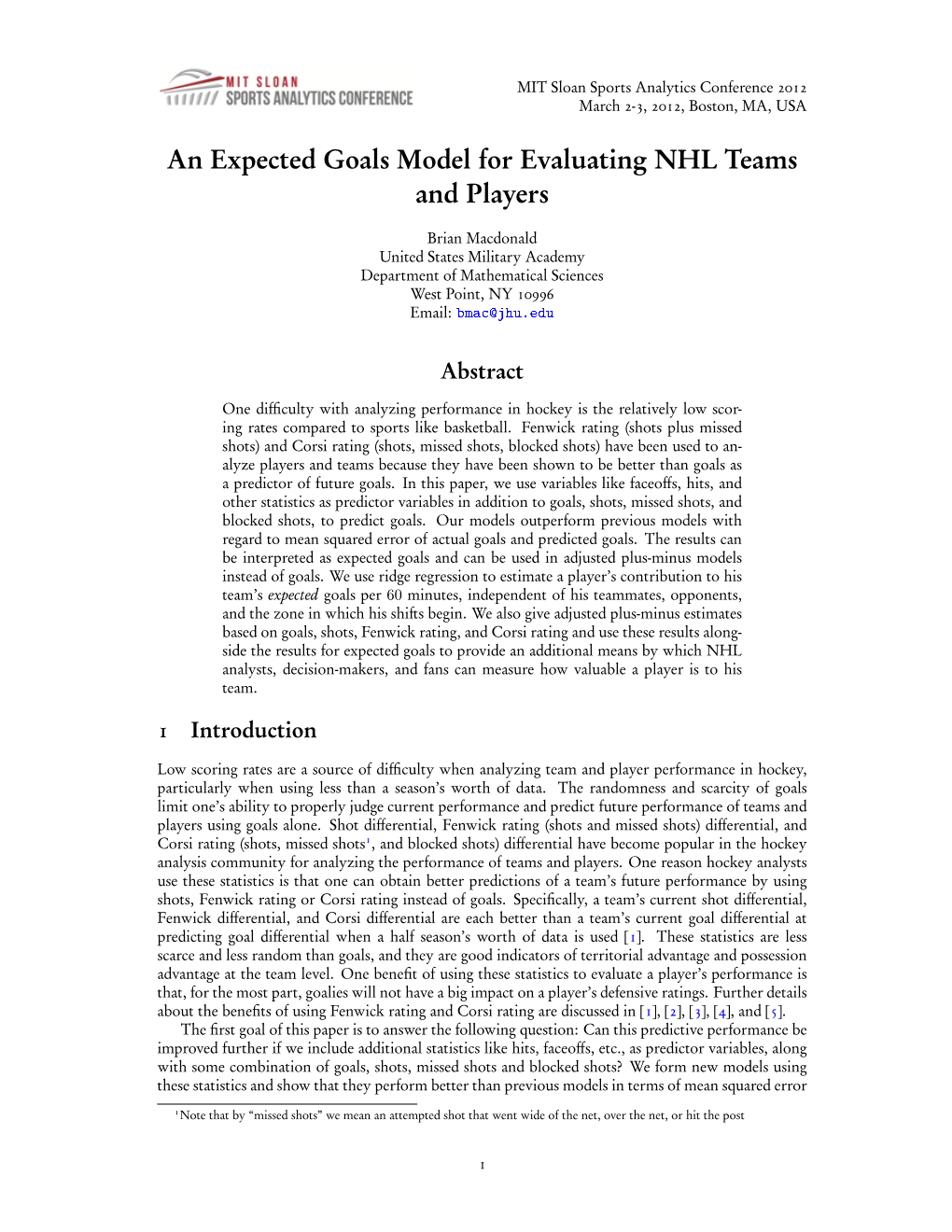Expected Goals Model for Evaluating NHL Teams and Players