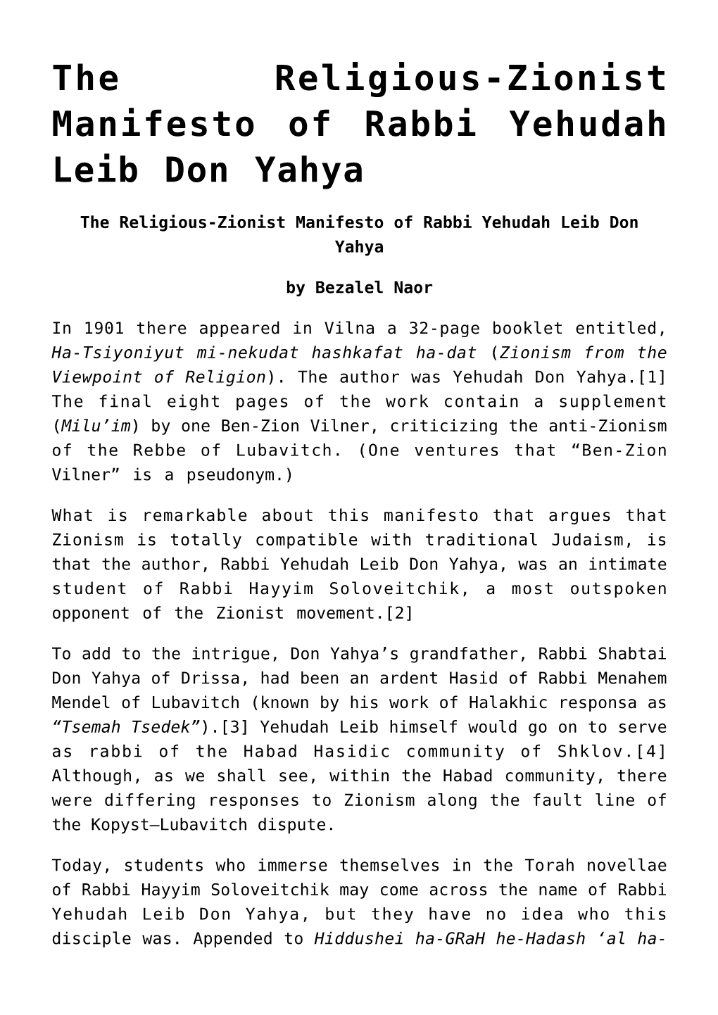 The Religious-Zionist Manifesto of Rabbi Yehudah Leib Don Yahya