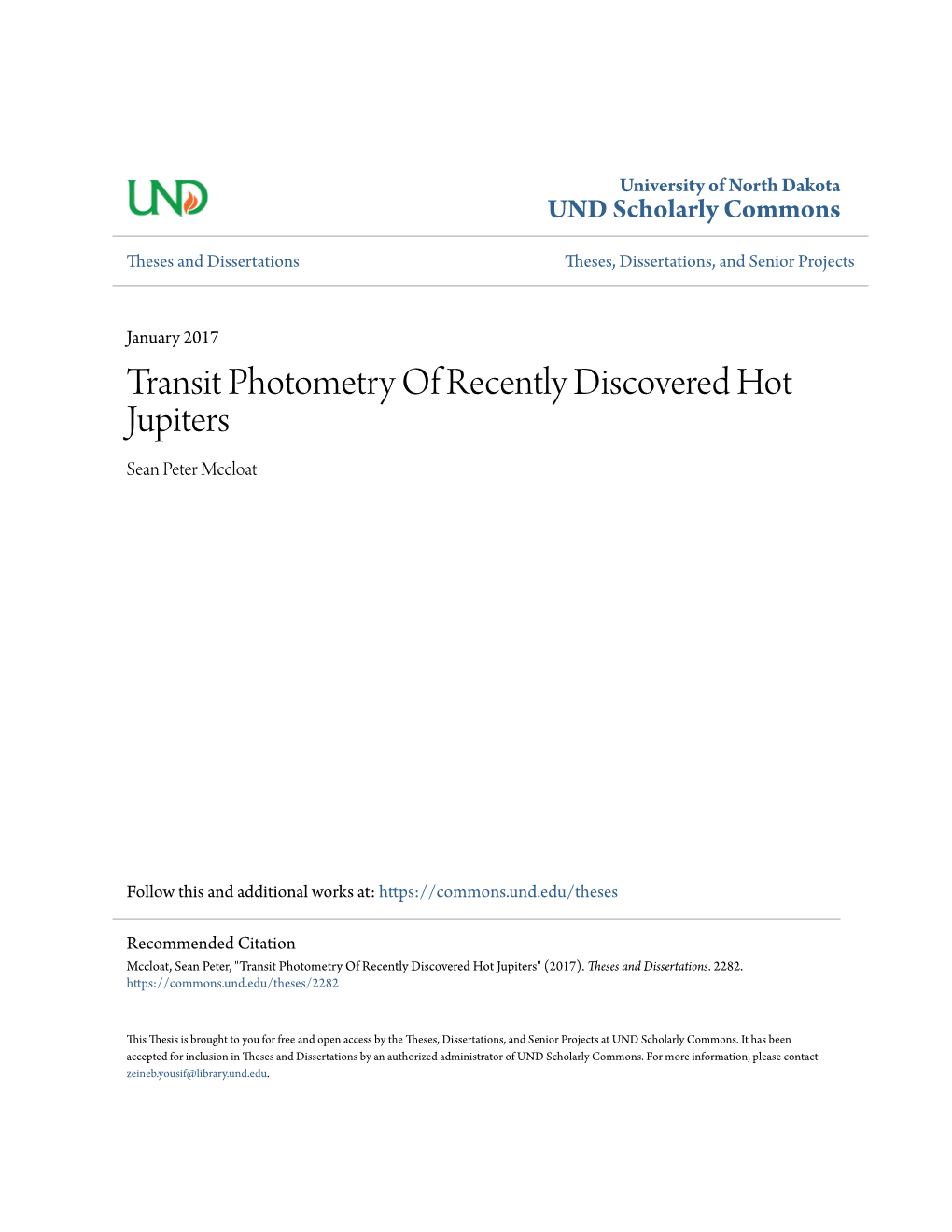 Transit Photometry of Recently Discovered Hot Jupiters Sean Peter Mccloat