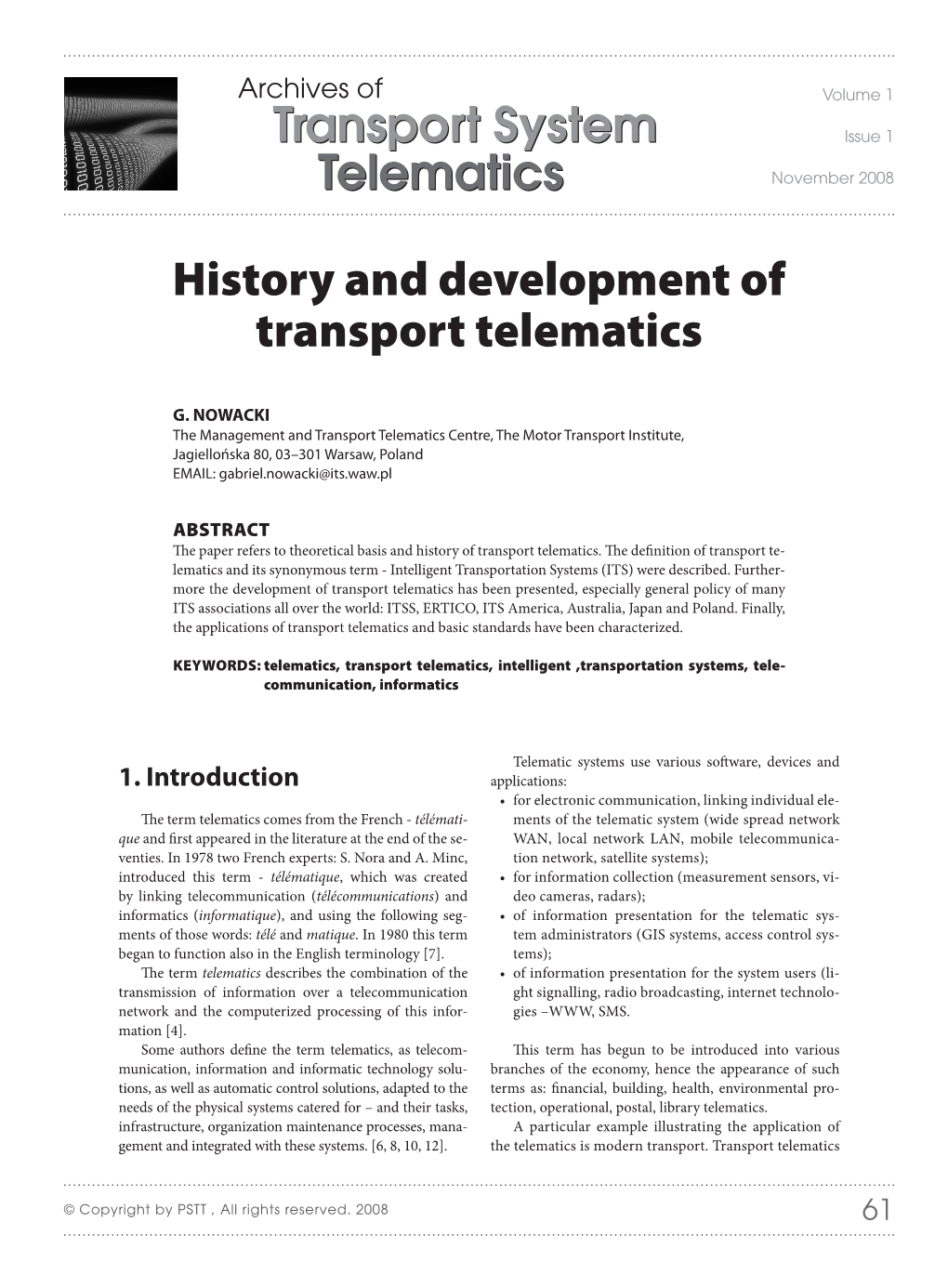 Telematics Transport System History and Development of Transport