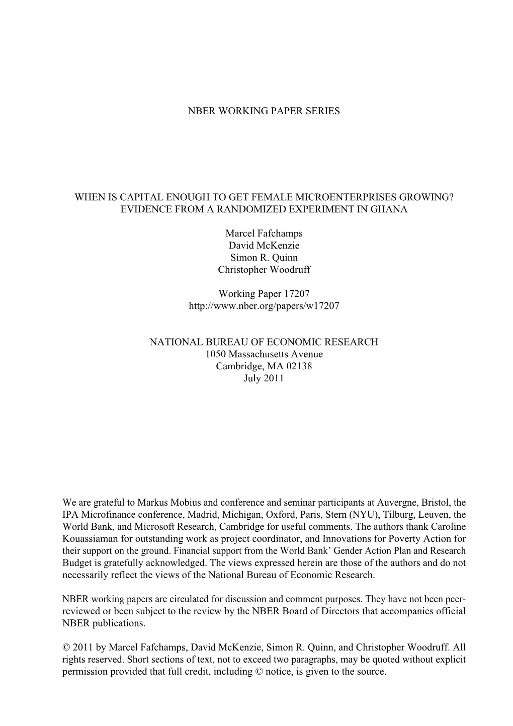 When Is Capital Enough to Get Female Microenterprises Growing? Evidence from a Randomized Experiment in Ghana