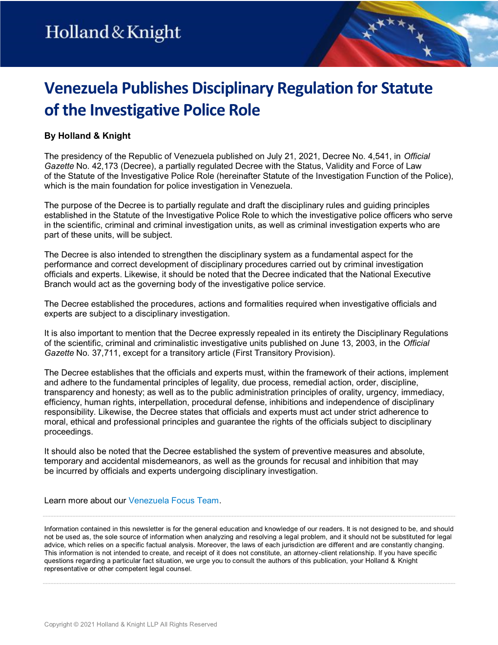 Venezuela Publishes Disciplinary Regulation for Statute of the Investigative Police Role