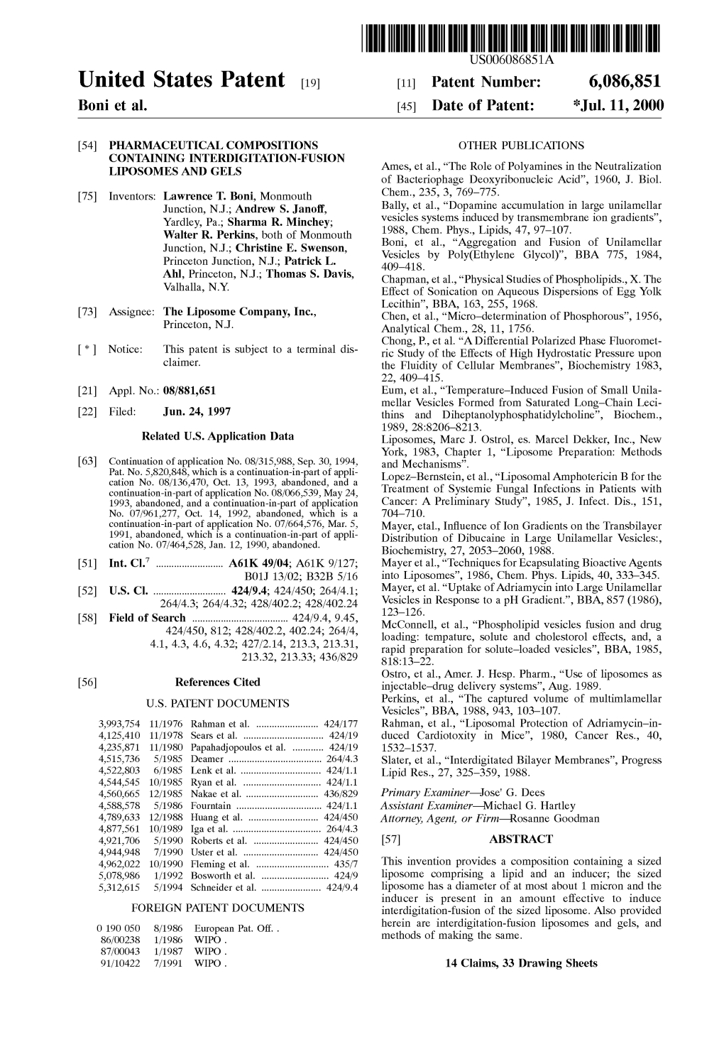 United States Patent (19) 11 Patent Number: 6,086,851 Boni Et Al